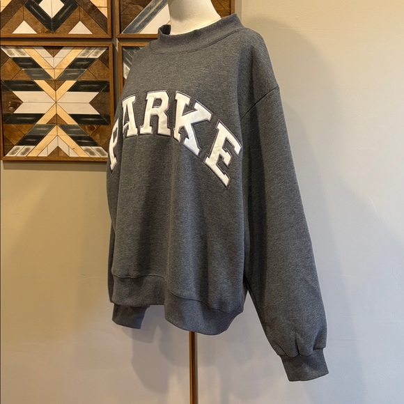 PARKE Varsity Fleece Mockneck Sweatshirt in Stormy Grey + White size L/XL EUC - Picture 4 of 12